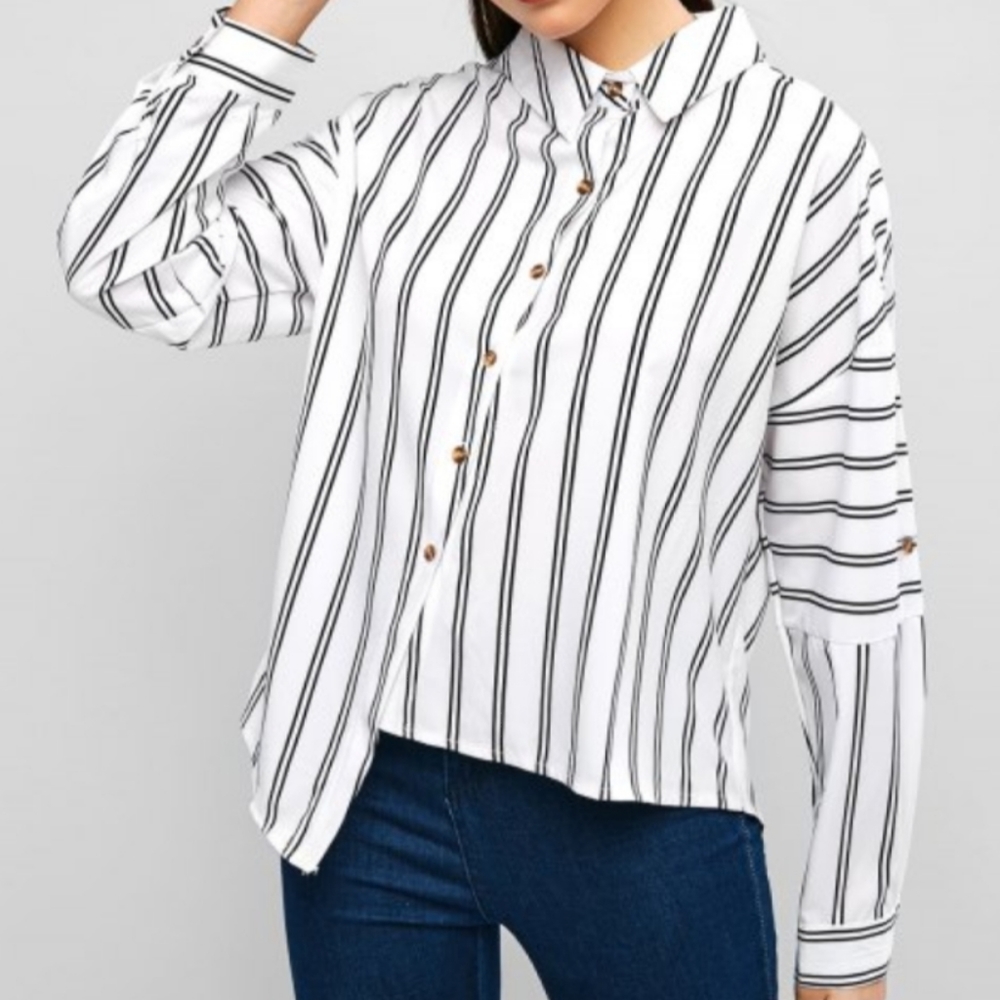 ZAFUL Asymmetrical Black and White Striped Blouse